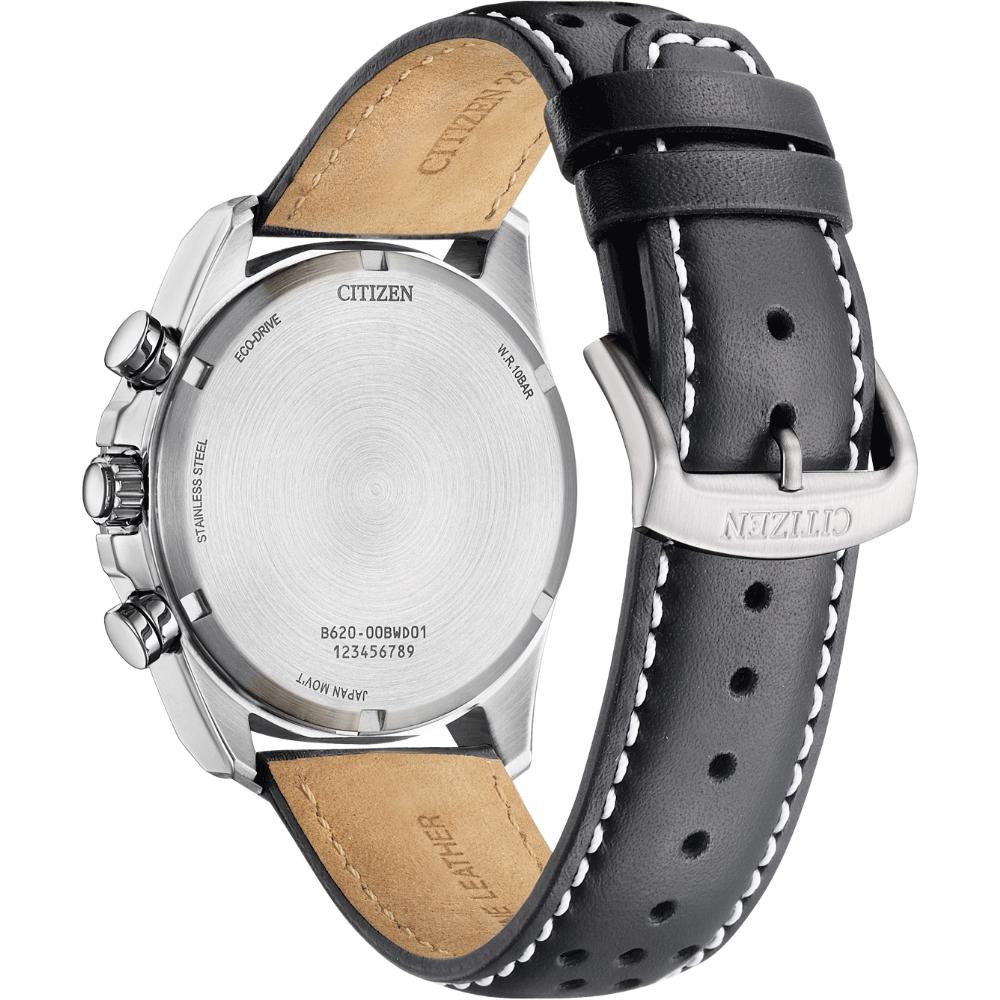 CITIZEN Vintage Chronograph Eco-Drive White Dial 41mm Silver Stainless Steel Black Leather Strap CA4640-09A
