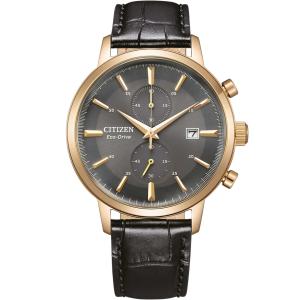 CITIZEN Eco-Drive Classic Chronograph Grey Dial 42mm Rose Gold Stainless Steel Black Leather Strap CA7067-11H - 41486