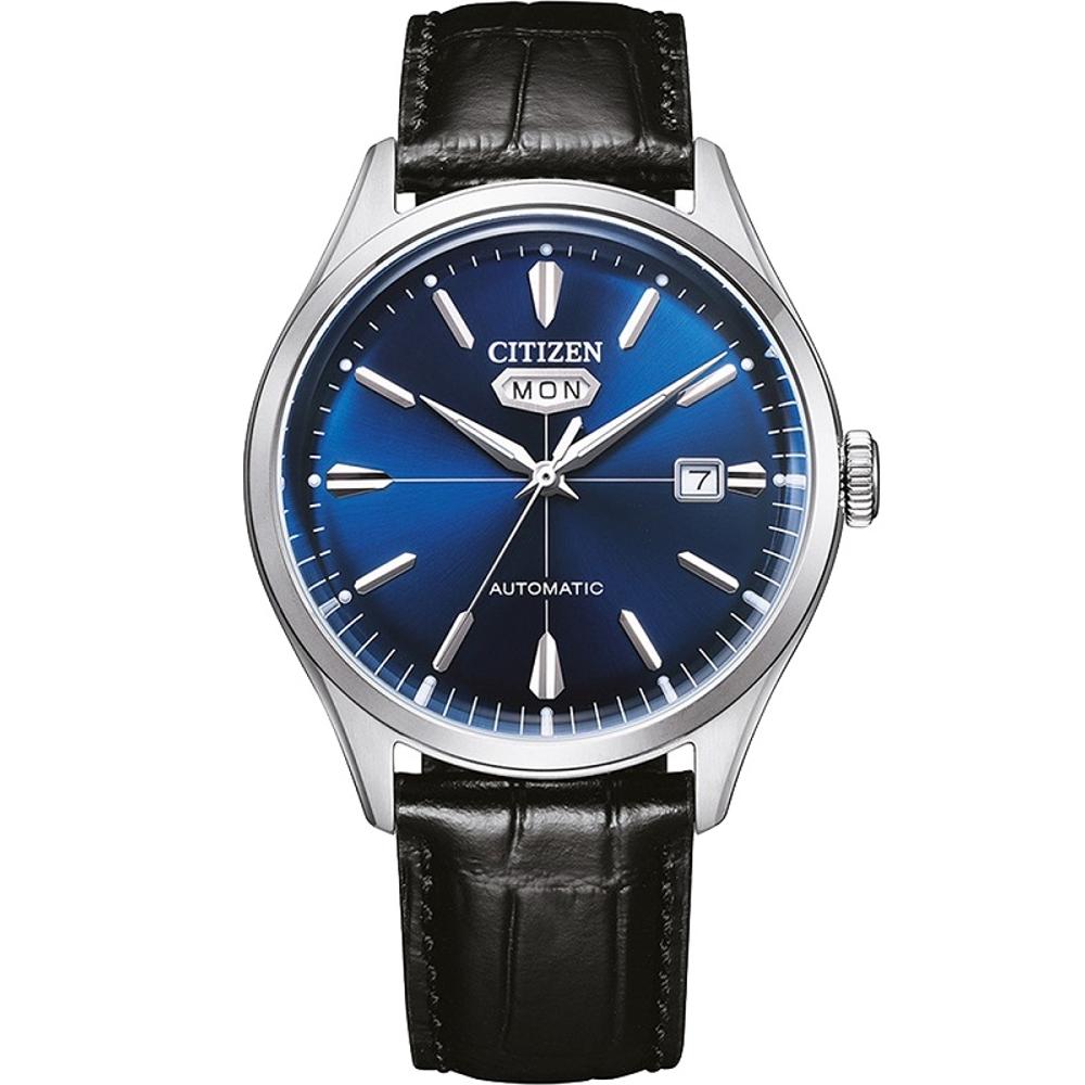 CITIZEN Crystal Seven Automatic Blue Dial 40.2mm Silver Stainless Steel Black Leather Strap NH8390-20L