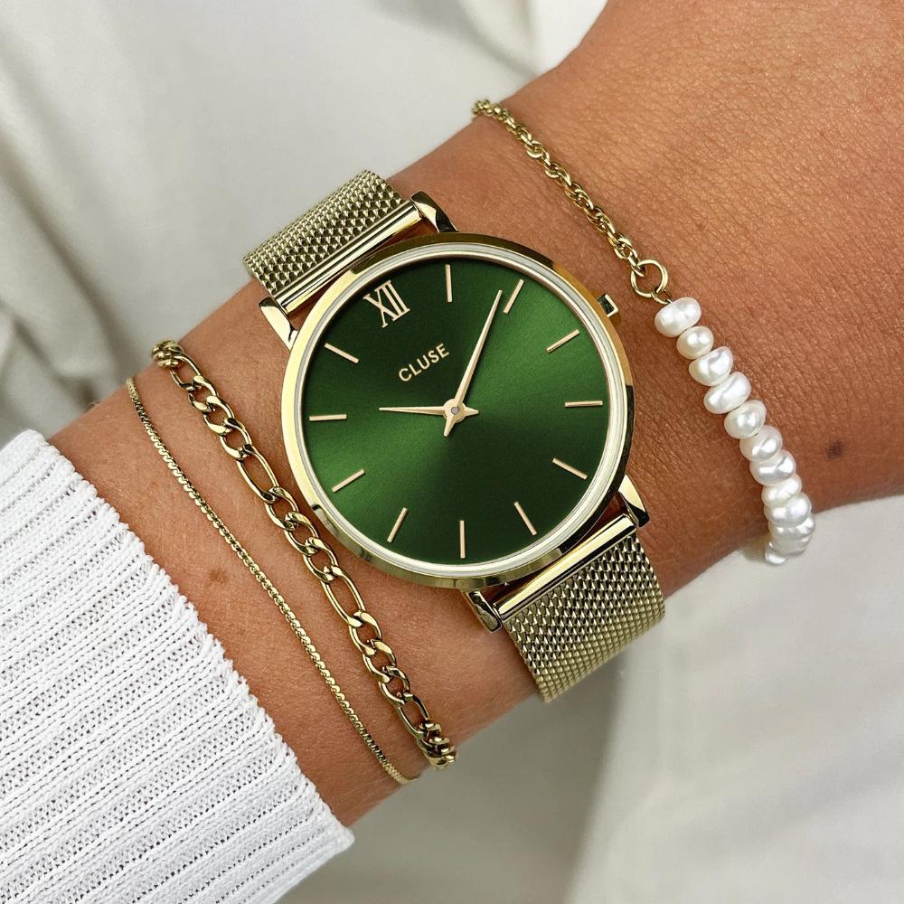 CLUSE Minuit Green Dial 33mm Gold Stainless Steel Mesh Bracelet CW10206