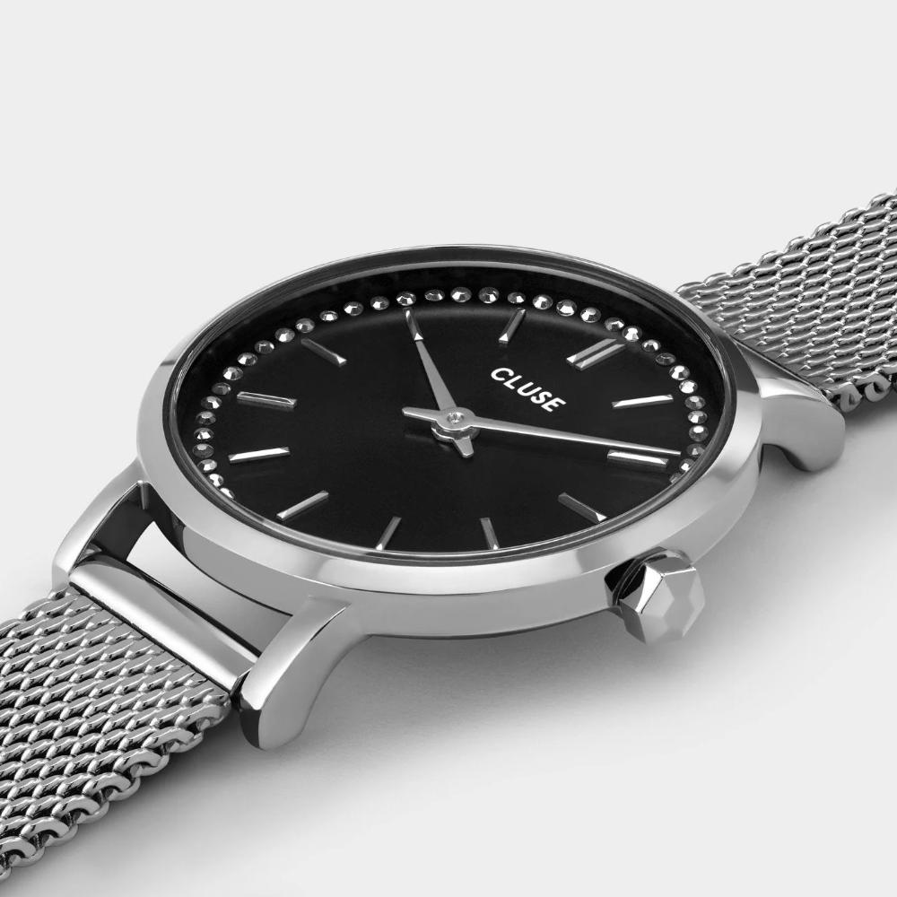 CLUSE Boho Chic Petite Dark Black Dial with Crystals 28mm Silver Stainless Steel Mesh Bracelet CW10502