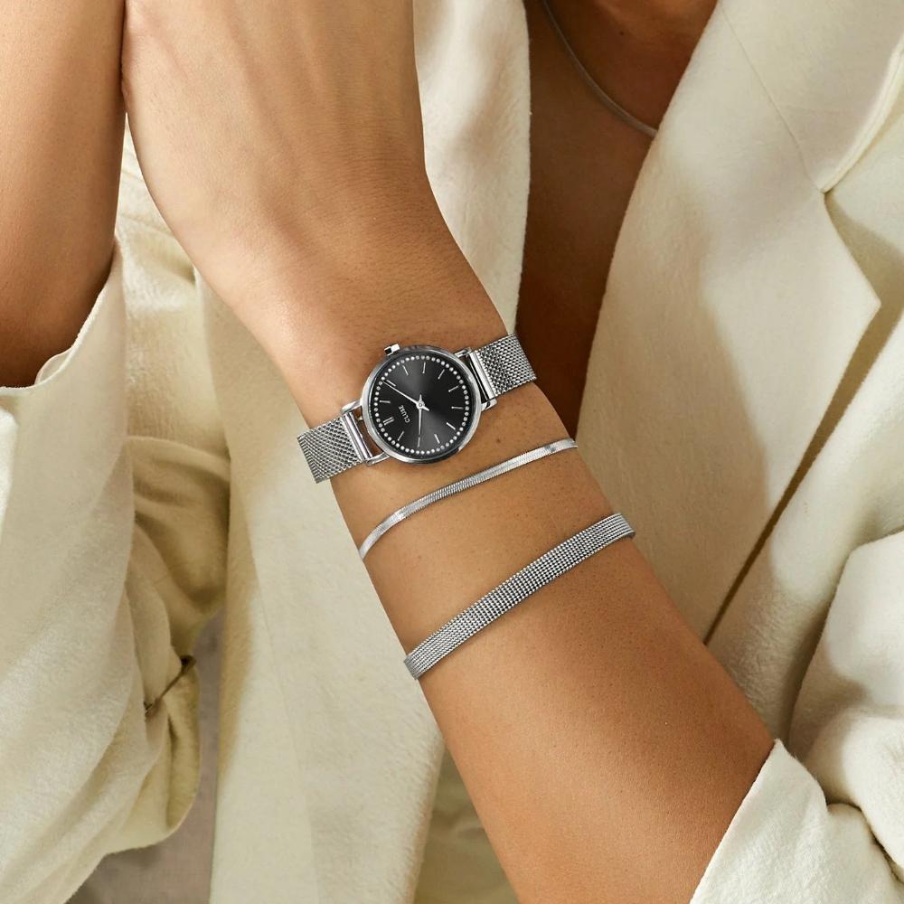 CLUSE Boho Chic Petite Dark Black Dial with Crystals 28mm Silver Stainless Steel Mesh Bracelet CW10502 - 6