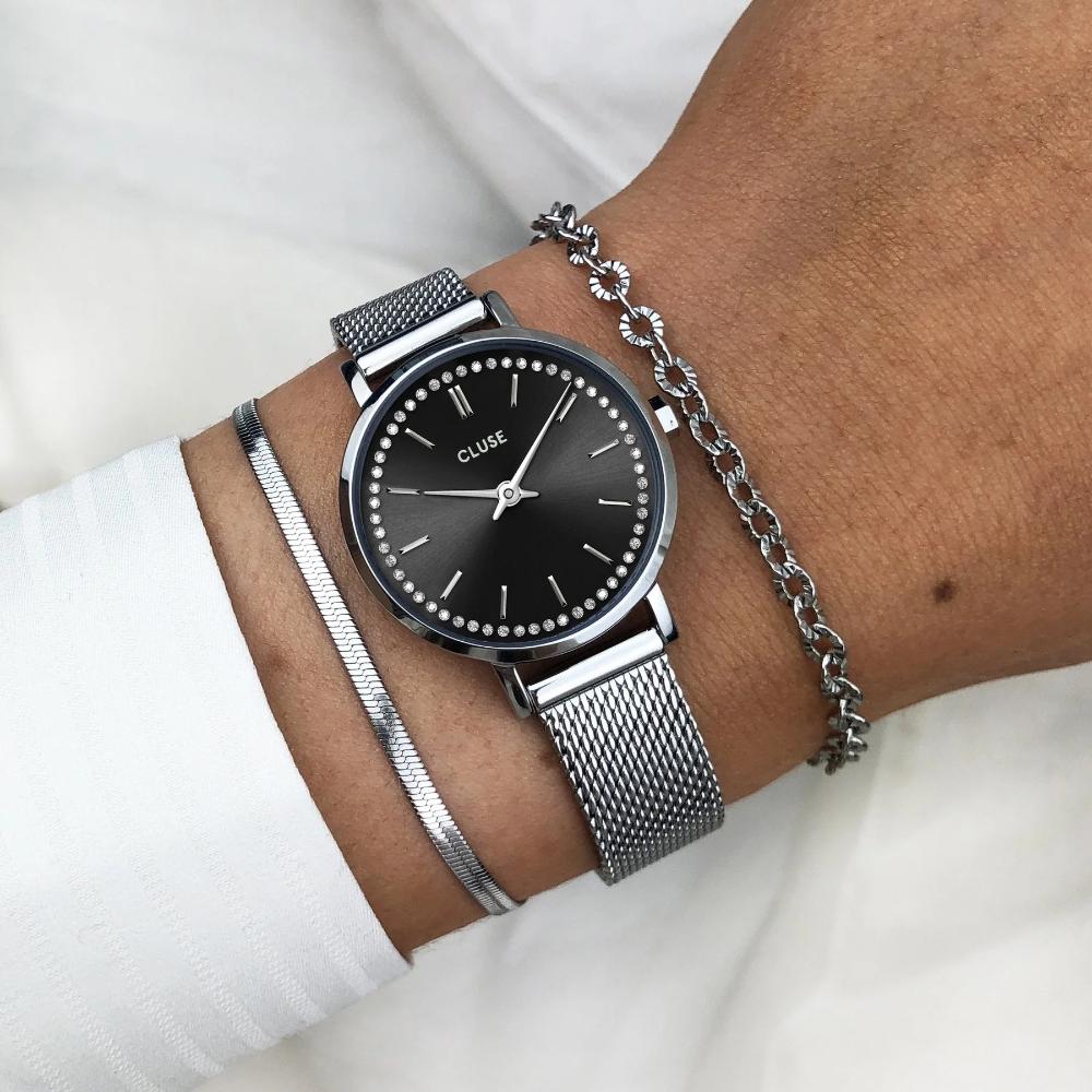 CLUSE Boho Chic Petite Dark Black Dial with Crystals 28mm Silver Stainless Steel Mesh Bracelet CW10502