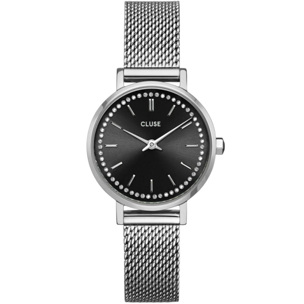 CLUSE Boho Chic Petite Dark Black Dial with Crystals 28mm Silver Stainless Steel Mesh Bracelet CW10502