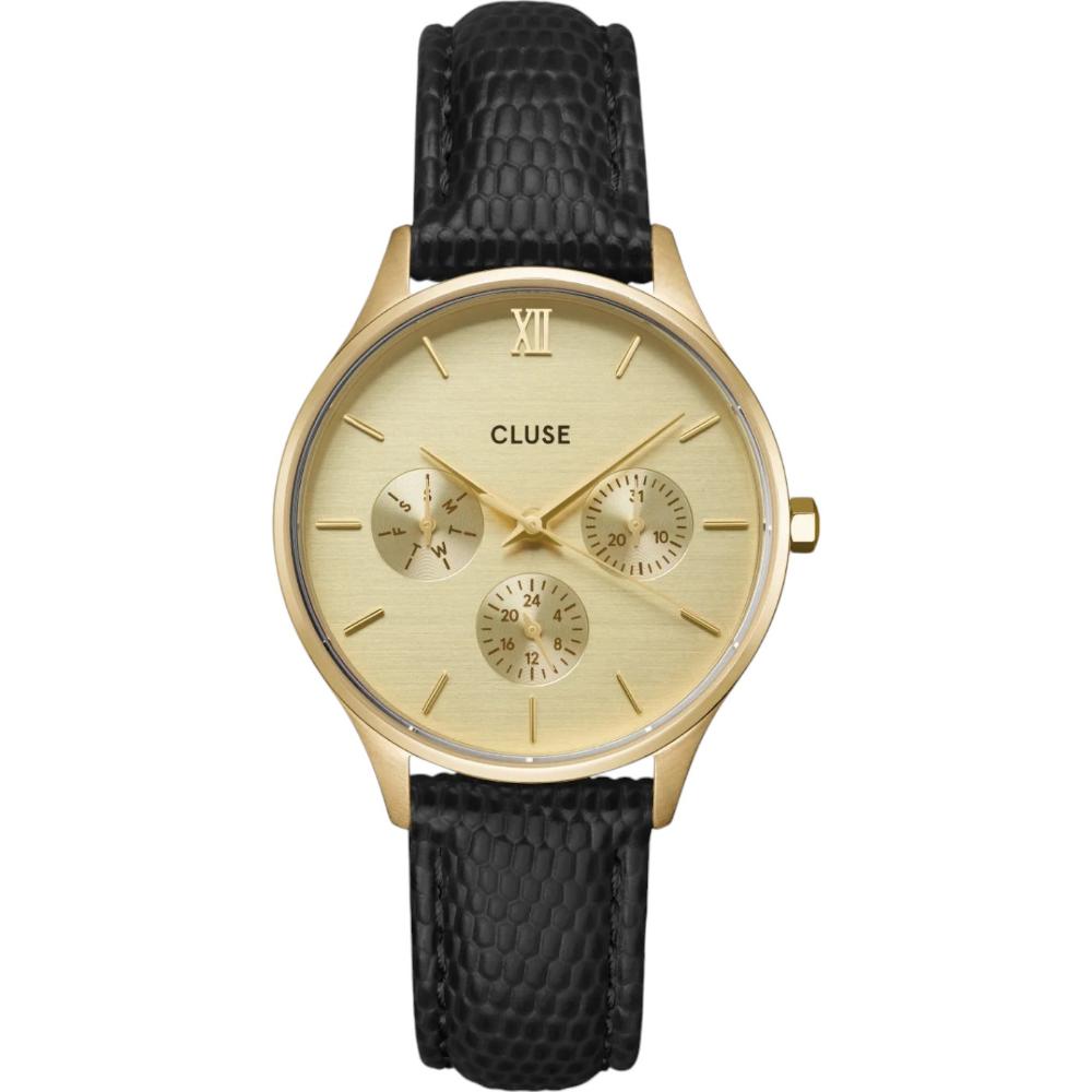 CLUSE Minuit Multifunction Gold Dial 34mm Gold Stainless Steel Bracelet Black Leather Strap CW10705