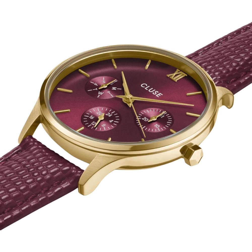 CLUSE Minuit Multifunction Red Dial 34mm Gold Stainless Steel Bracelet Red Leather Strap CW10706