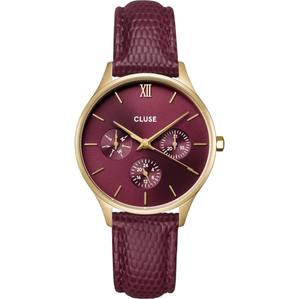 CLUSE Minuit Multifunction Red Dial 34mm Gold Stainless Steel Bracelet Red Leather Strap CW10706