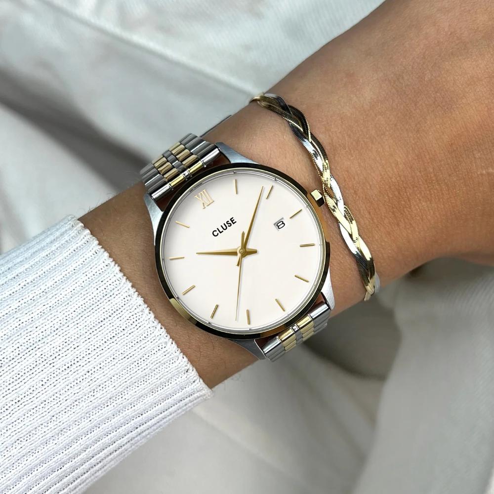 CLUSE Minuit Date White Dial 34mm Two-Tone Gold and Silver Stainless Steel Bracelet CW14302