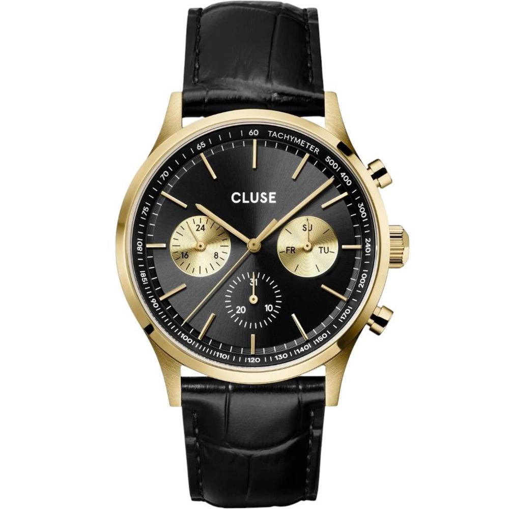 CLUSE Anthéor Multifunction Black Dial 42mm Gold Stainless Steel Black Leather Strap CW21004