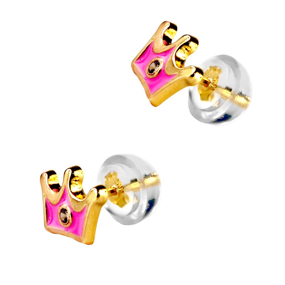 EARRINGS for Kids Crowns Yellow Gold K9 with Enamel with Zircon Stones 3DSC.0119A