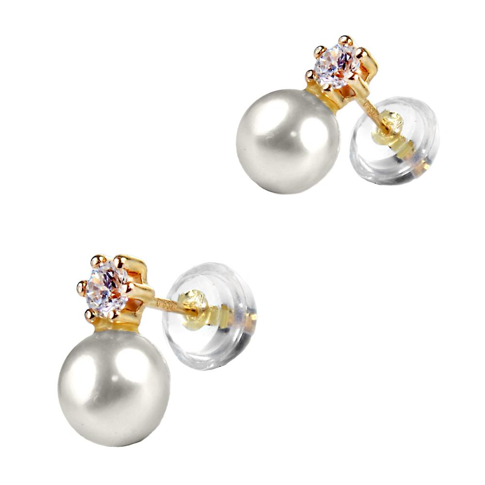 EARRINGS Dangling SENZIO Collection Yellow Gold K14 with Zircon Stones and Pearls 5DSC.0147A