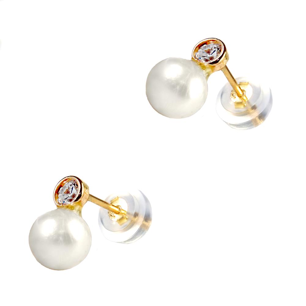 EARRINGS Dangling SENZIO Collection Yellow Gold K14 with Zircon Stones and Pearls 5DSC.0150A