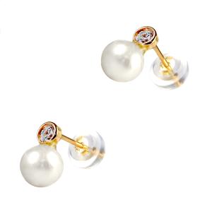 EARRINGS Dangling SENZIO Collection Yellow Gold K14 with Zircon Stones and Pearls 5DSC.0150A - 55619