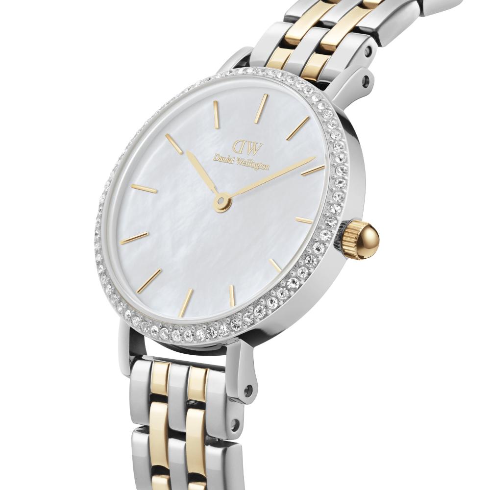 DANIEL WELLINGTON Quadro Lumine Bezel Crystlas White Pearl Dial 28mm Two Tone Gold Stainless Steel Bracelet DW00100665