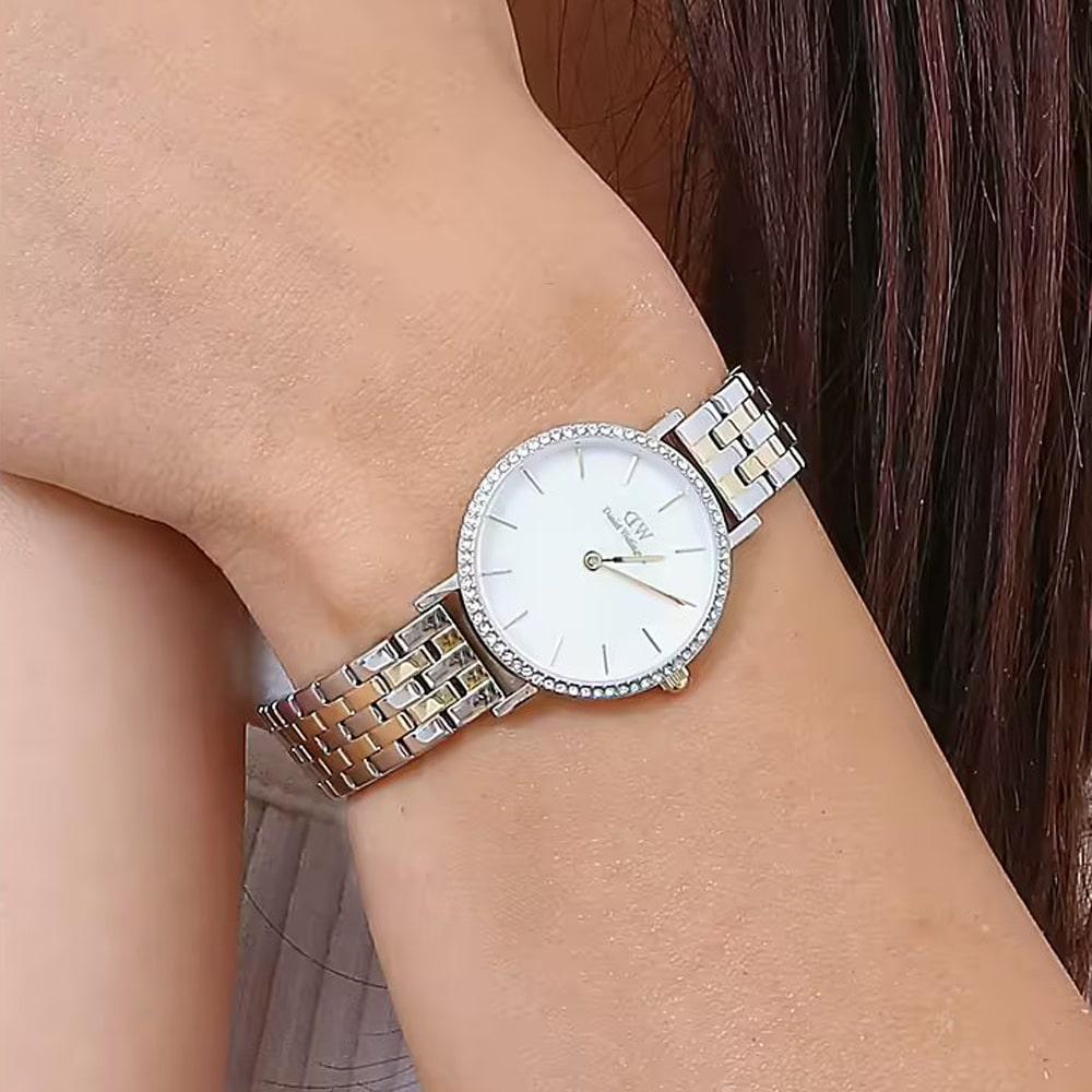 DANIEL WELLINGTON Quadro Lumine Bezel Crystlas White Pearl Dial 28mm Two Tone Gold Stainless Steel Bracelet DW00100665