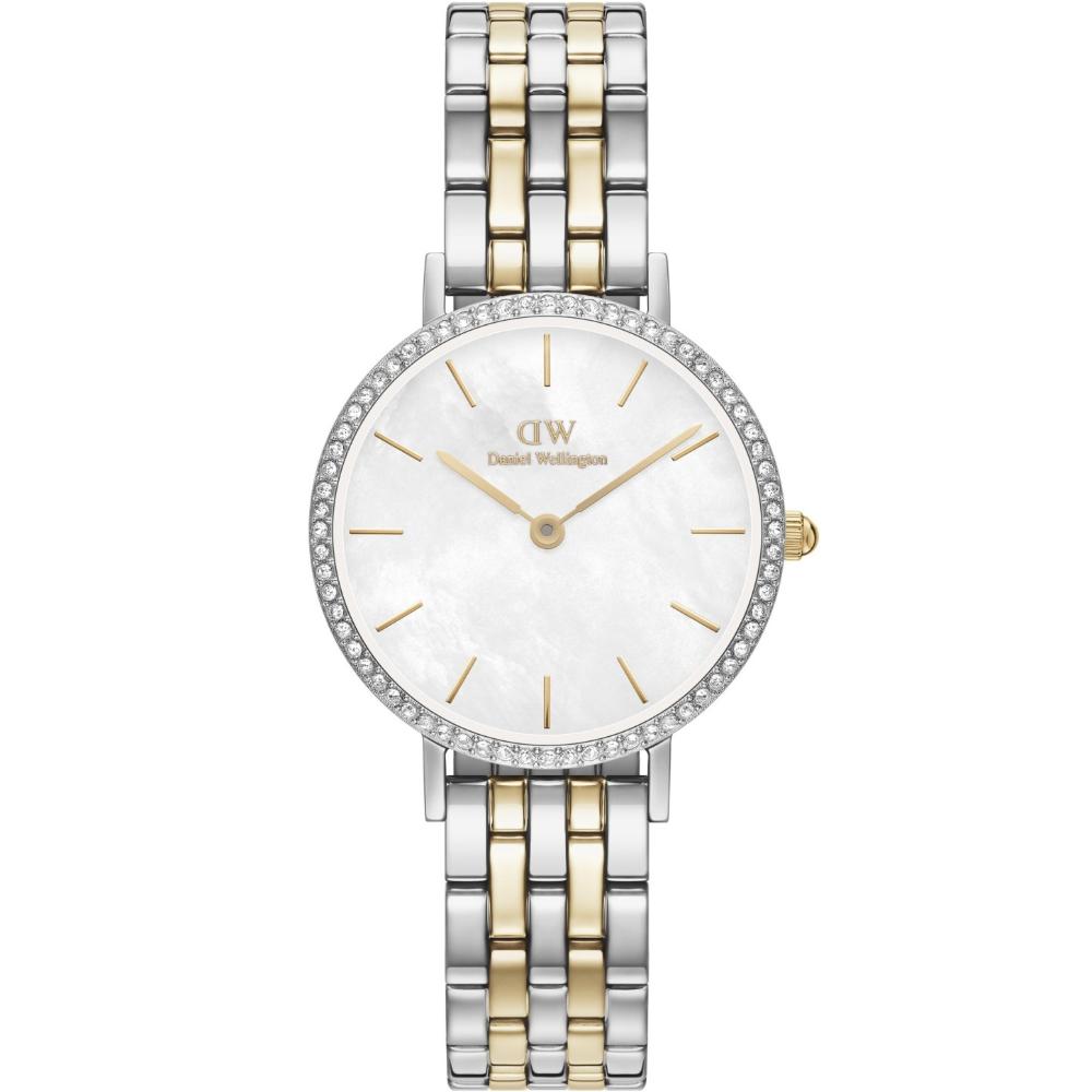 DANIEL WELLINGTON Quadro Lumine Bezel Crystlas White Pearl Dial 28mm Two Tone Gold Stainless Steel Bracelet DW00100665