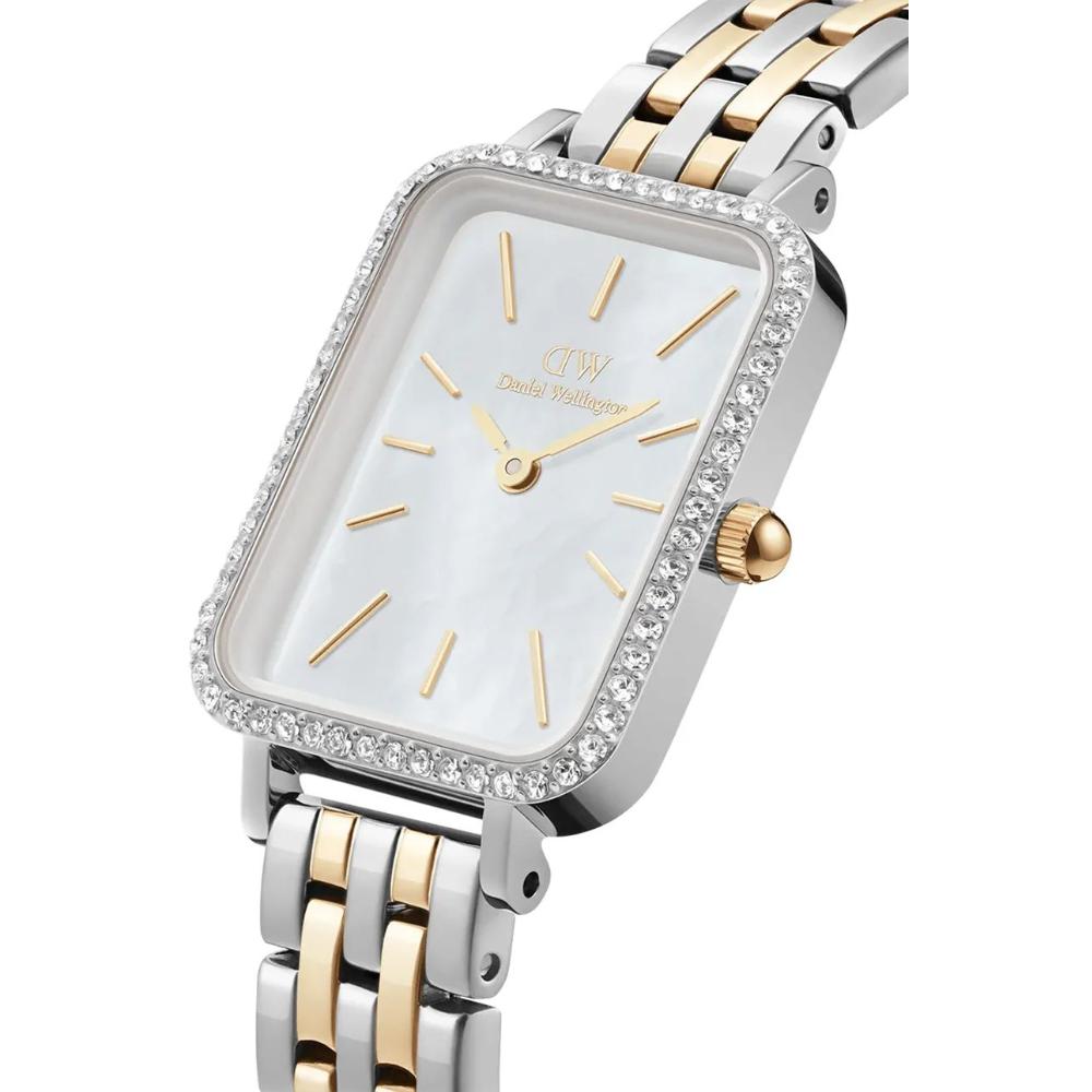 DANIEL WELLINGTON Quadro Lumine Bezel Crystlas White Pearl Dial 20x26mm Two Tone Gold Stainless Steel Bracelet DW00100671