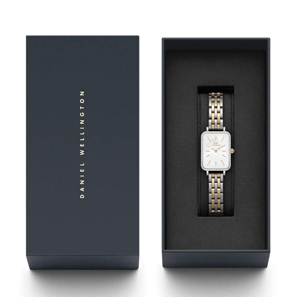 DANIEL WELLINGTON Quadro Lumine Bezel Crystlas White Pearl Dial 20x26mm Two Tone Gold Stainless Steel Bracelet DW00100671