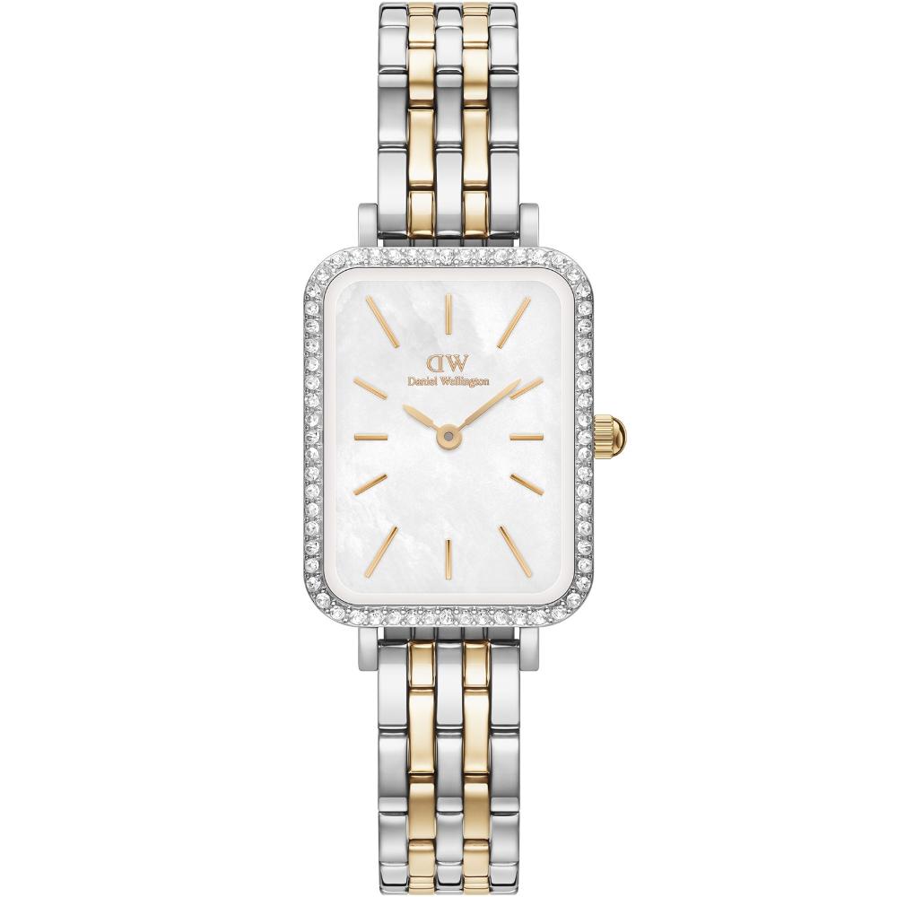 DANIEL WELLINGTON Quadro Lumine Bezel Crystlas White Pearl Dial 20x26mm Two Tone Gold Stainless Steel Bracelet DW00100671