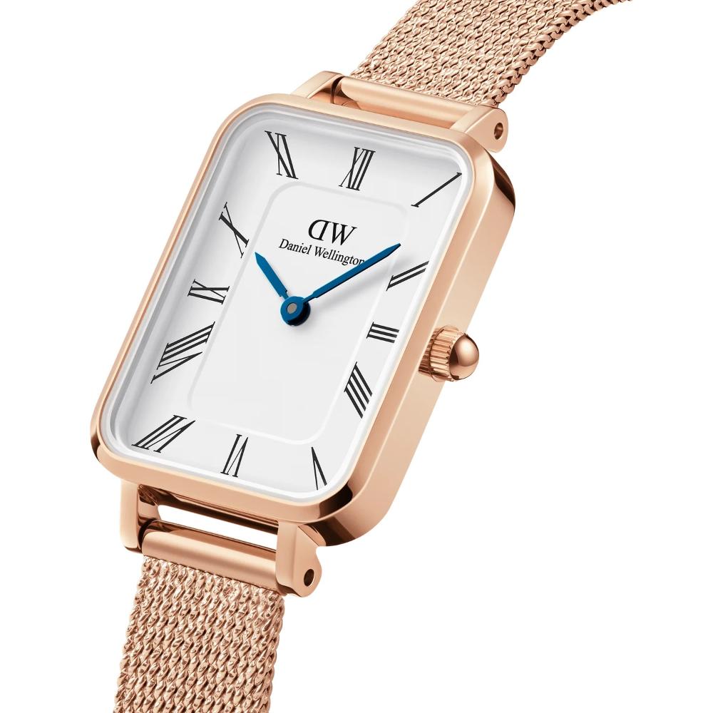 DANIEL WELLINGTON Quadro Roman Numerals Melrose White Dial 20 x 26mm Rose Gold Stainless Steel Mesh Bracelet DW00100687