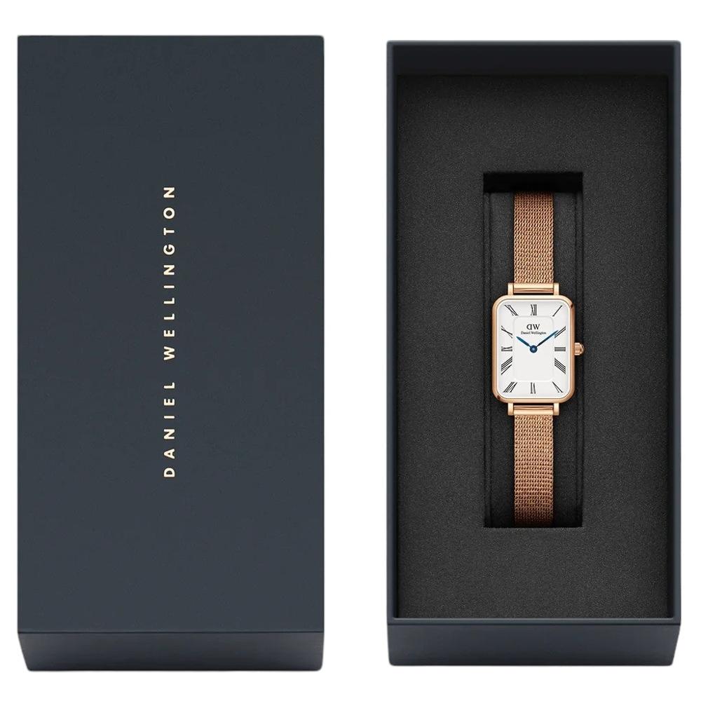 DANIEL WELLINGTON Quadro Roman Numerals Melrose White Dial 20 x 26mm Rose Gold Stainless Steel Mesh Bracelet DW00100687