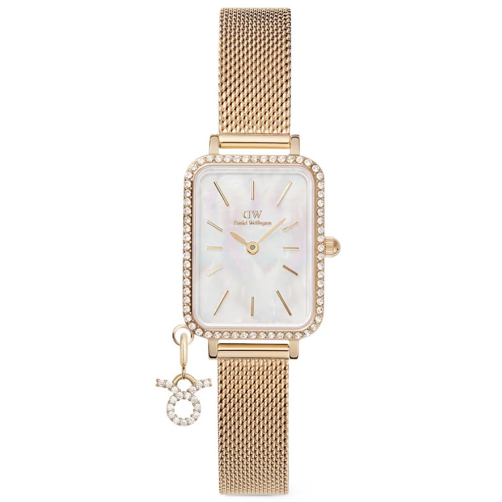 DANIEL WELLINGTON  Quadro Crystal Zodiac Evergold White Pearl Dial 20 x 26mm Gold Stainless Steel Mesh Bracelet DW00100749