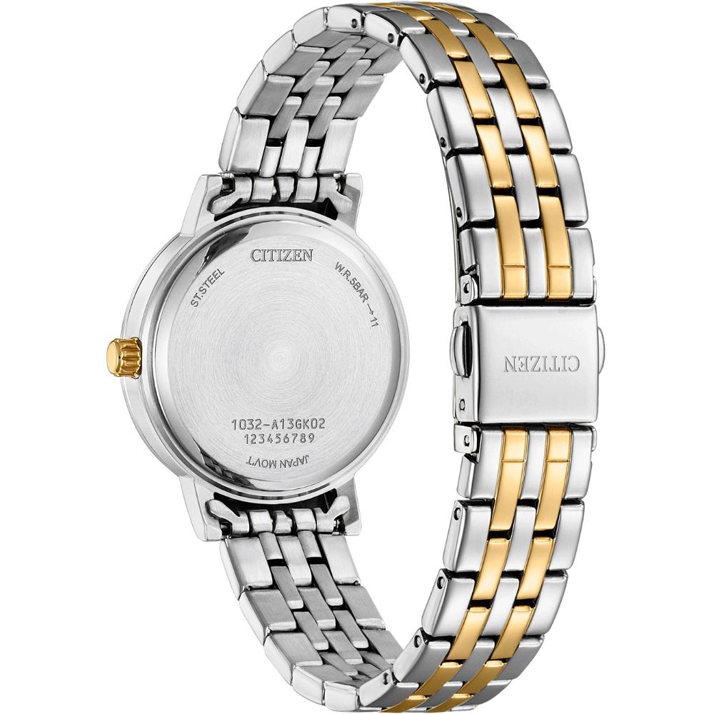 CITIZEN Lady's Elegant Crystals Collection Quartz White Pearl Dial 31.2mm Two Tone Gold Stainless Steel Bracelet EL3106-59D