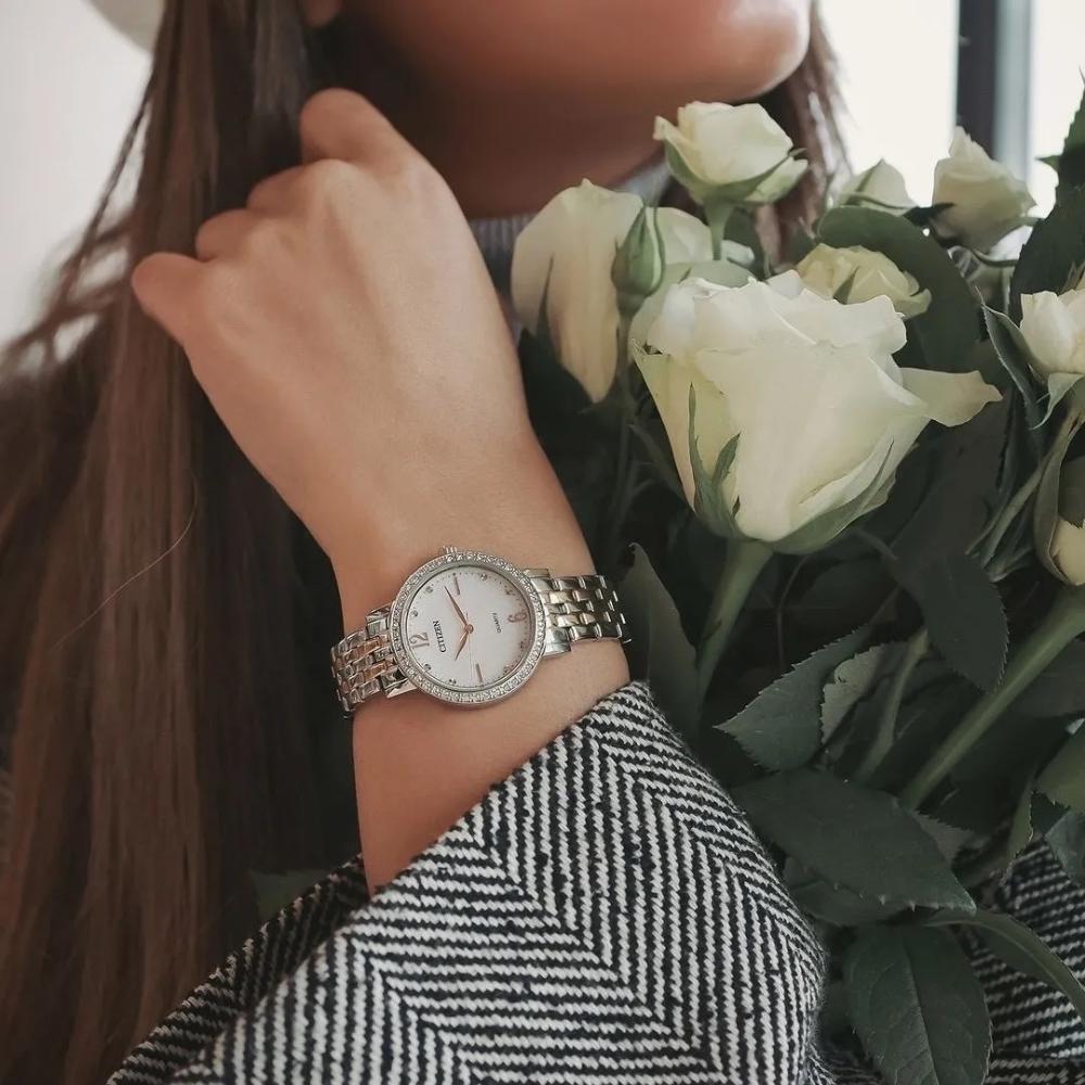 CITIZEN Lady's Elegant Crystals Collection Quartz White Pearl Dial 31.2mm Two Tone Gold Stainless Steel Bracelet EL3106-59D