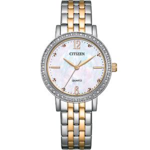 CITIZEN Lady's Elegant Crystals Collection Quartz White Pearl Dial 31.2mm Two Tone Gold Stainless Steel Bracelet EL3106-59D - 62136