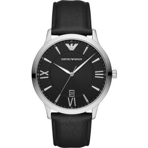 EMPORIO ARMANI Giovanni Three Hands 44mm Silver Stainless Steel Black Leather Strap AR11210 - 3413