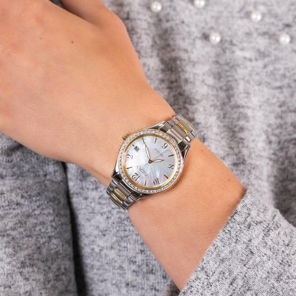 CITIZEN Elegance Eco-Drive Crystals Mother Of Pearl Dial 34mm Two Tone Gold Stainless Steel Bracelet EO1184-81D - 6