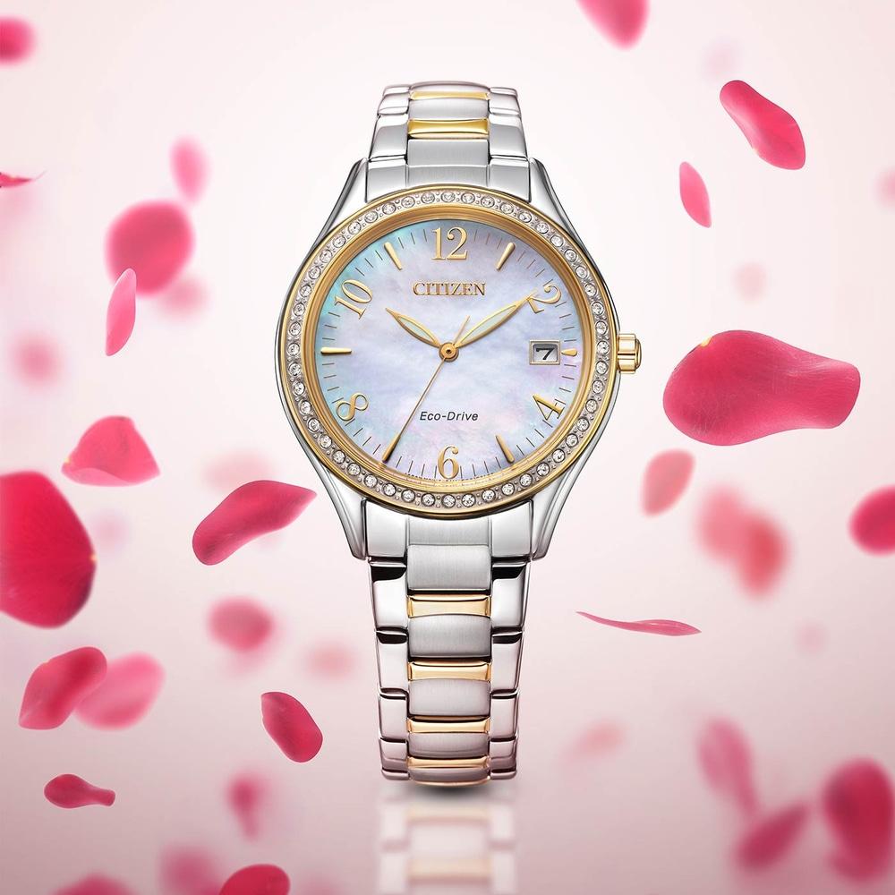 CITIZEN Elegance Eco-Drive Crystals Mother Of Pearl Dial 34mm Two Tone Gold Stainless Steel Bracelet EO1184-81D