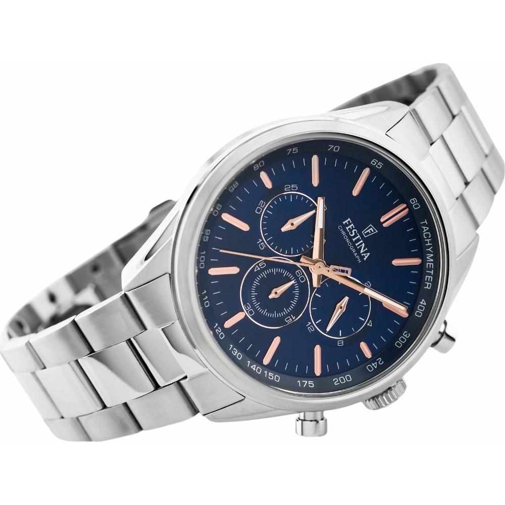FESTINA Timeless Chronograph Blue Rose Gold Dial 43.5mm Silver Stainless Steel Bracelet F16820/A