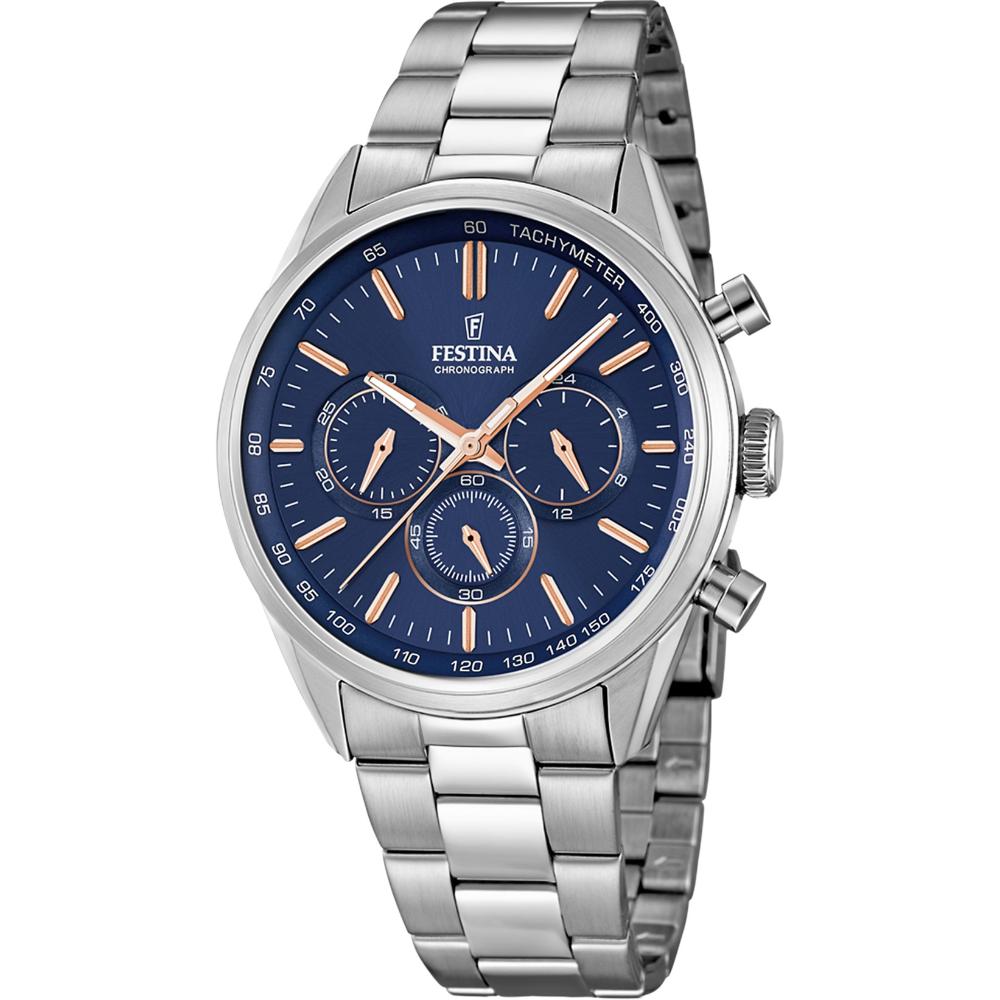 FESTINA Timeless Chronograph Blue Rose Gold Dial 43.5mm Silver Stainless Steel Bracelet F16820/A