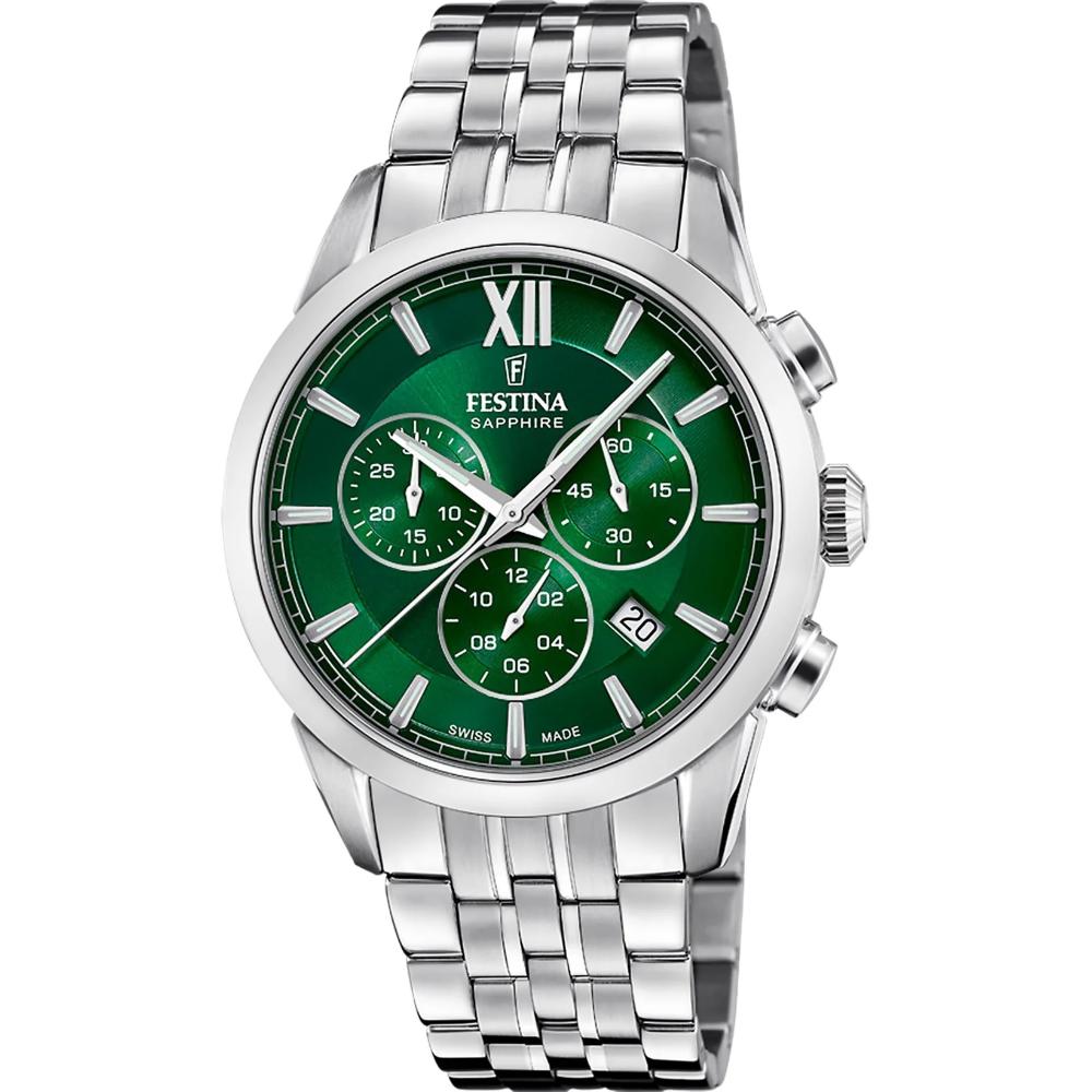 FESTINA Swiss Made Chrono Green Dial 41mm Silver Stainless Steel Bracelet F20040/3