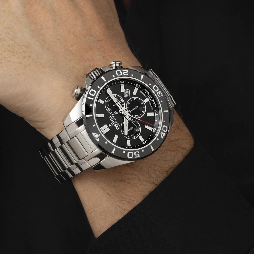 FESTINA Swiss Made Chrono Ceramic Bazel Black Dial 44mm Silver Stainless Steel Bracelet F20042/4