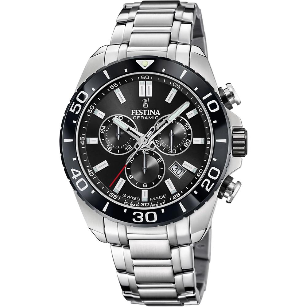 FESTINA Swiss Made Chrono Ceramic Bazel Black Dial 44mm Silver Stainless Steel Bracelet F20042/4