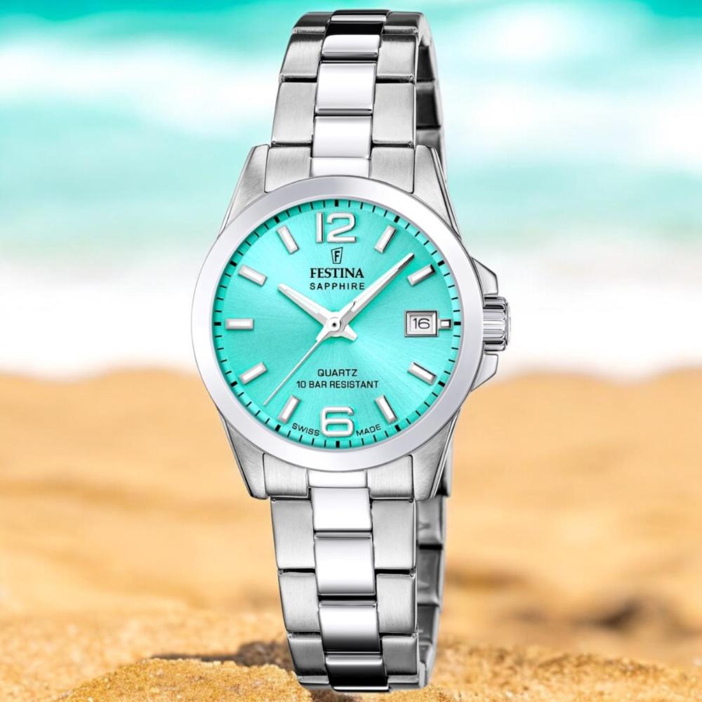 FESTINA Swiss Women's Classic Turquoise Dial 29.5mm Silver Stainless Steel Bracelet F20049/4