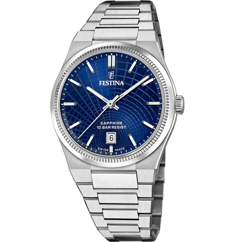 FESTINA Swiss Made Rivé Blue Dial 40mm Silver Stainless Steel Bracelet F20051/4