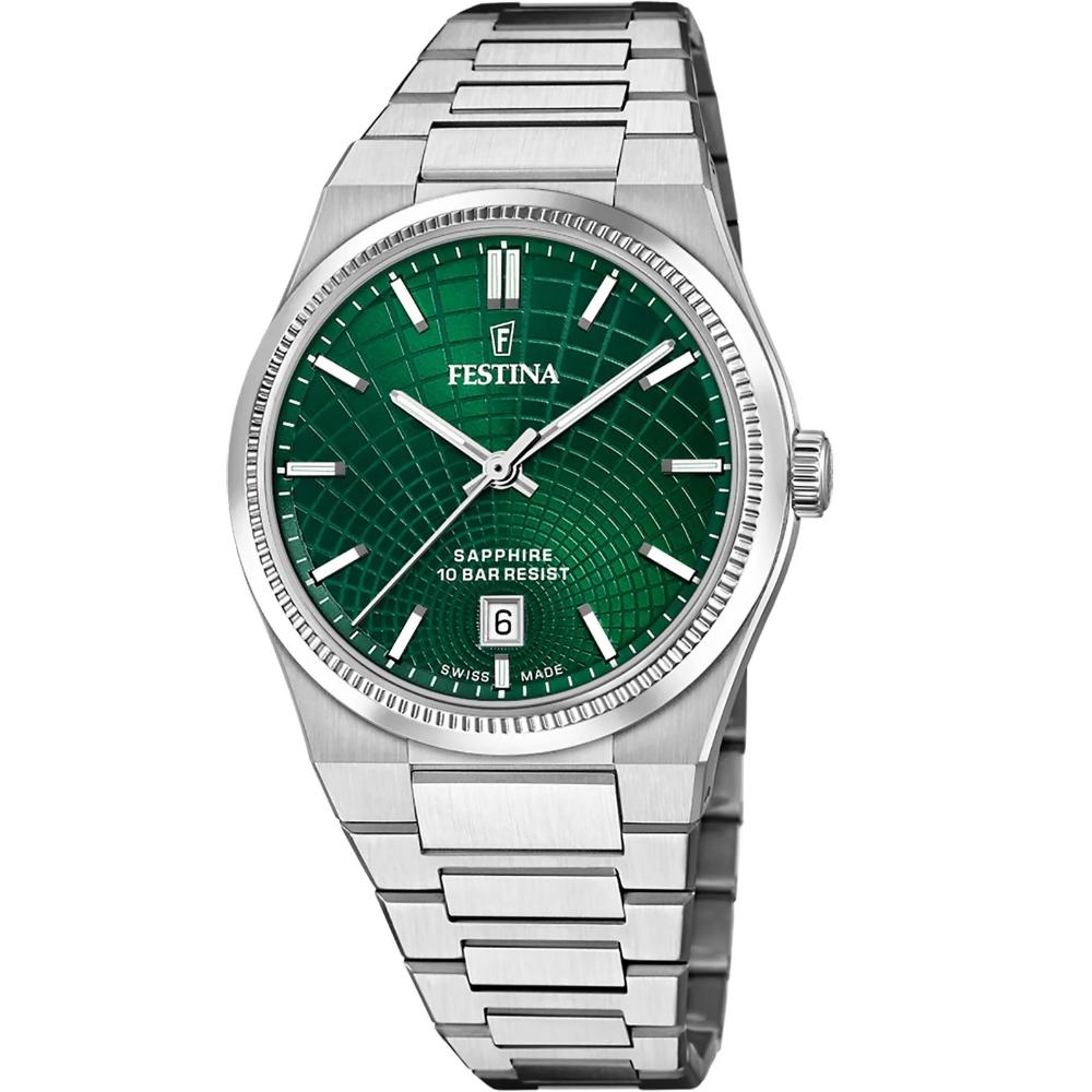 FESTINA Swiss Made Rivé Green Dial 40mm Silver Stainless Steel Bracelet F20051/5