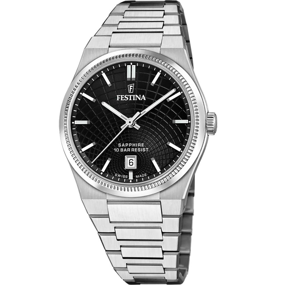 FESTINA Swiss Made Rivé Black Dial 40mm Silver Stainless Steel Bracelet F20051/6