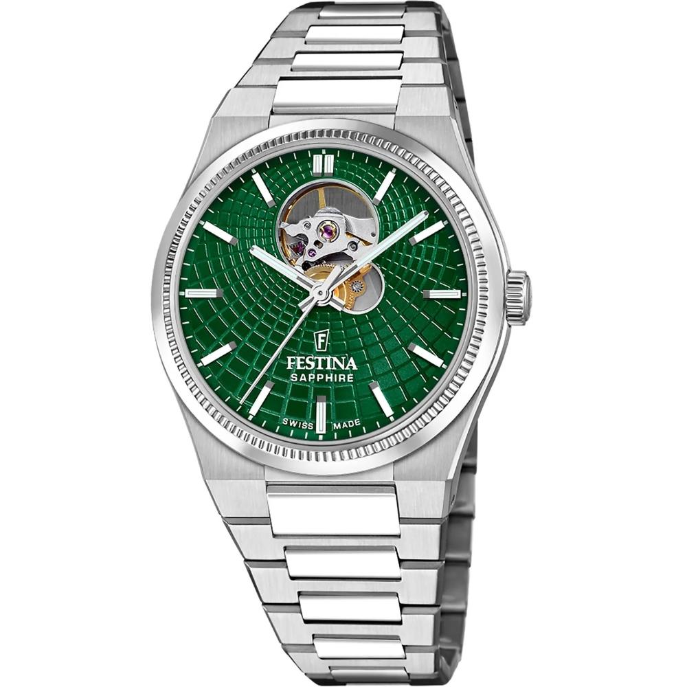 FESTINA Swiss Made Rivé Open Heart Automatic Green Dial 40mm Silver Stainless Steel Bracelet F20053/3