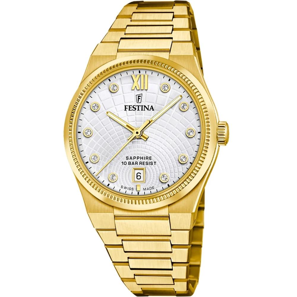 FESTINA Swiss Made Rivé White Dial with Crystals 35mm Gold Stainless Steel Bracelet F20058/1