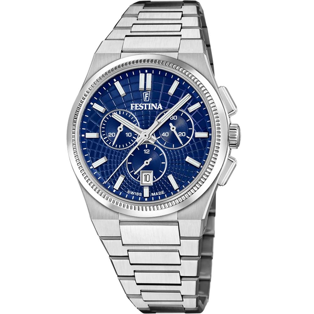 FESTINA Swiss Made Rivé Chrono Blue Dial 42.5mm Silver Stainless Steel Bracelet F20059/2