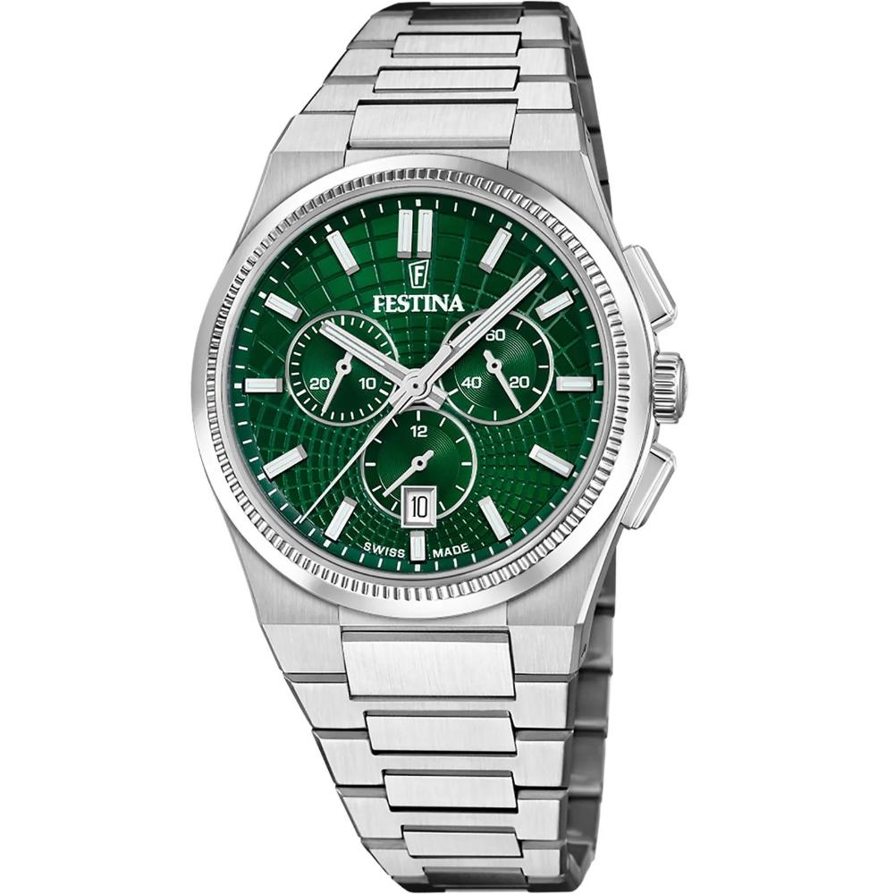 FESTINA Swiss Made Rivé Chrono Green Dial 42.5mm Silver Stainless Steel Bracelet F20059/3