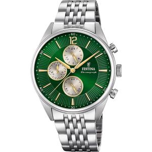 FESTINA Timeless Chronograph Green and Silver Dial 41.5mm Silver Stainless Steel Bracelet F20285/9 - 62869