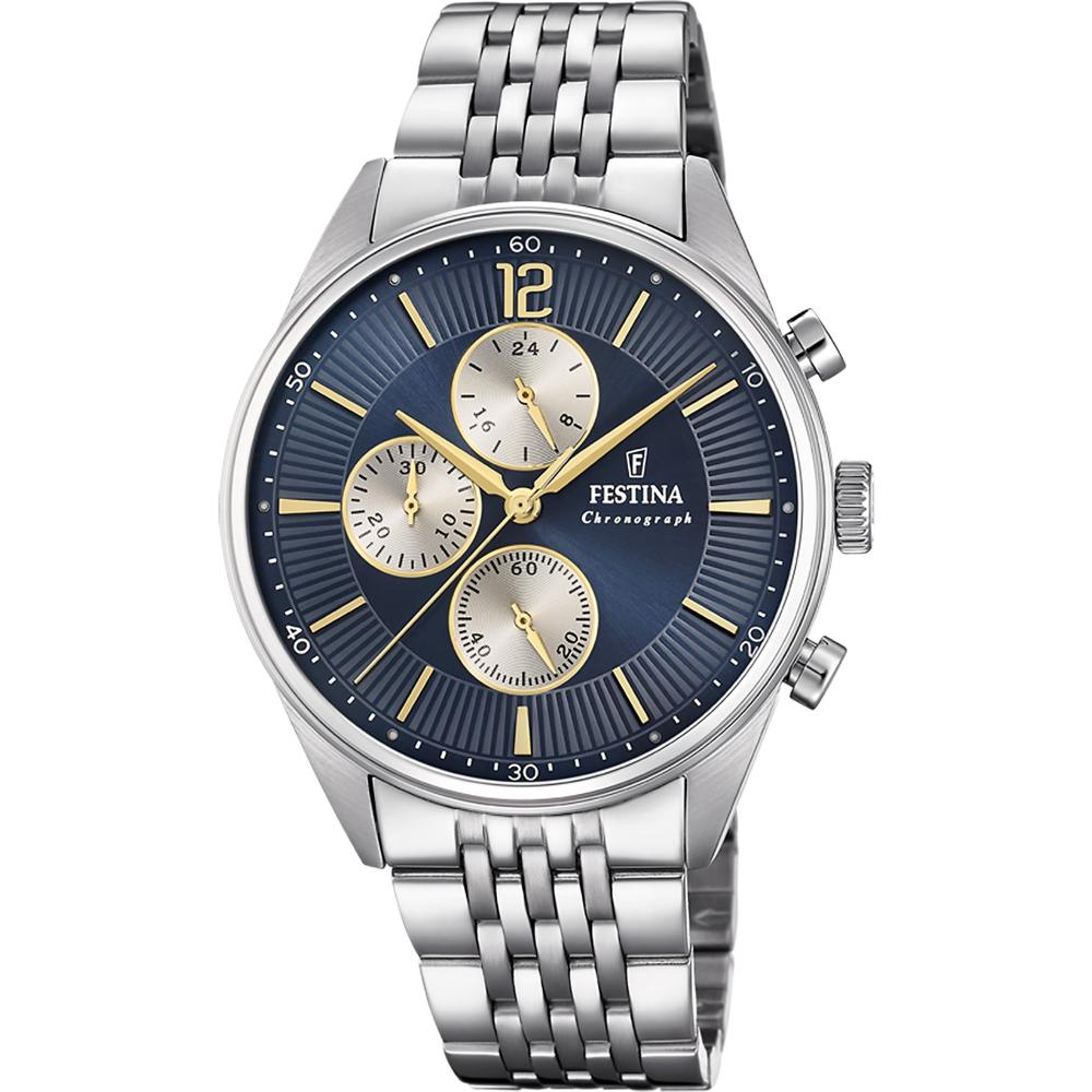 FESTINA Timeless Chronograph Blue and Silver Dial 41.5mm Silver Stainless Steel Bracelet F20285/7