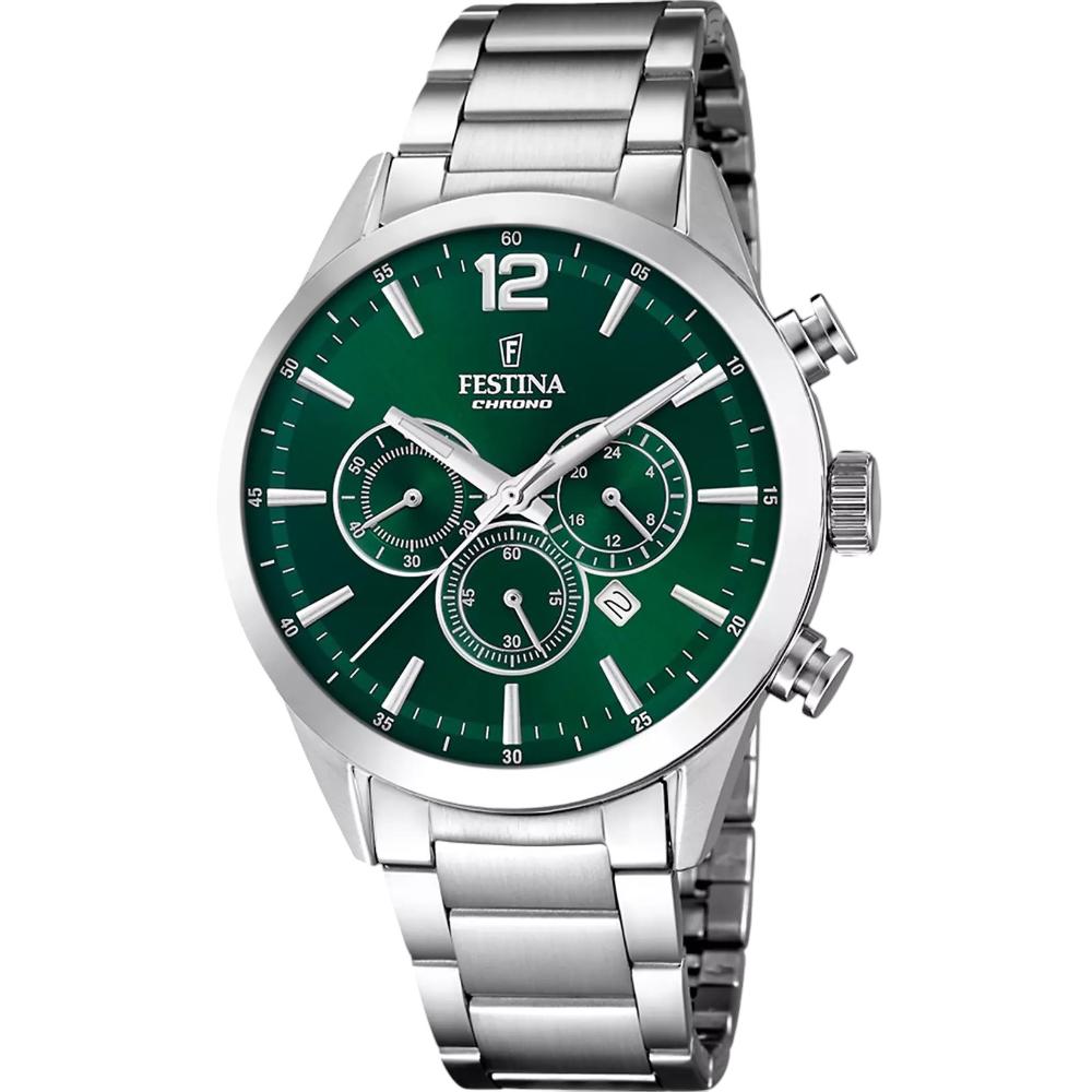 FESTINA Timeless Chronograph Green Dial 43.5mm Silver Stainless Steel Bracelet F20343/B