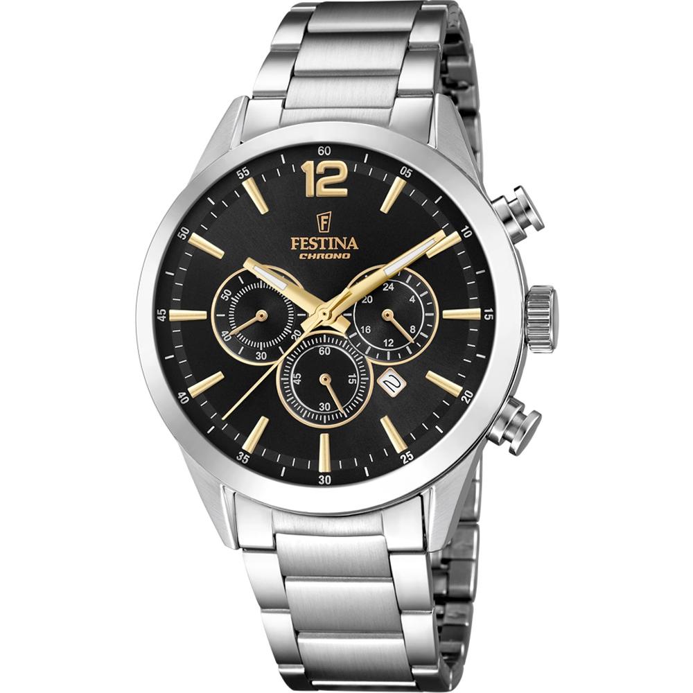 FESTINA Timeless Chronograph Black Dial 43.5mm Silver Stainless Steel Bracelet F20343/4