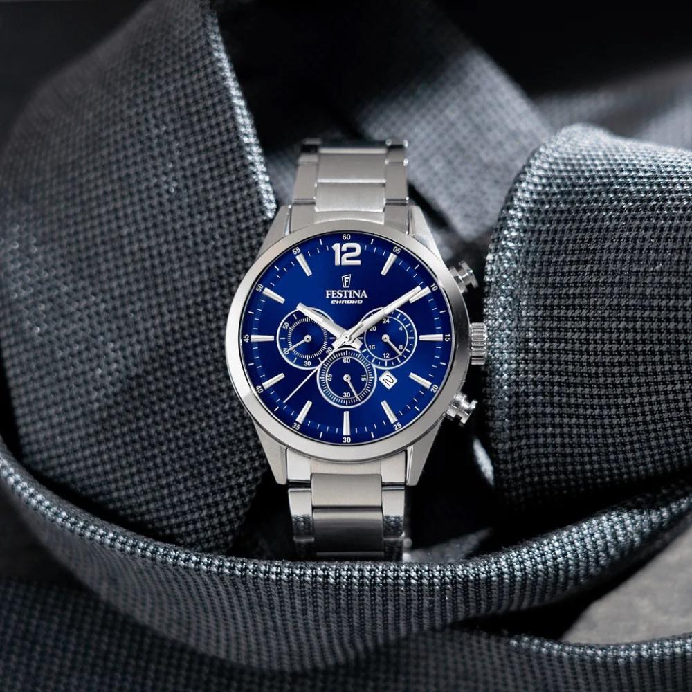 FESTINA Timeless Chronograph Blue Dial 43.5mm Silver Stainless Steel Bracelet F20343/7